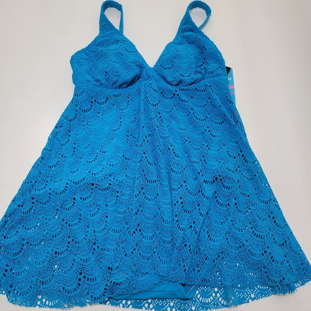 Swim Solutions Tummy-Control Flyaway Swimdress Crochet Boho Teal NWT Size 10 - Picture 4 of 11